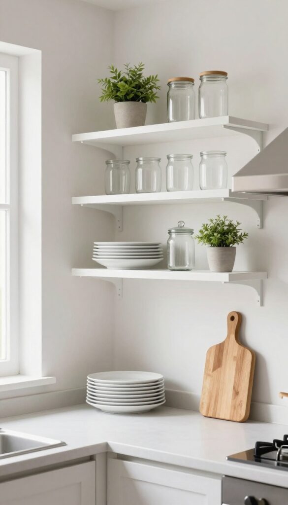 Small kitchen with open shelving displaying white dishes and plants, creating an airy feel.