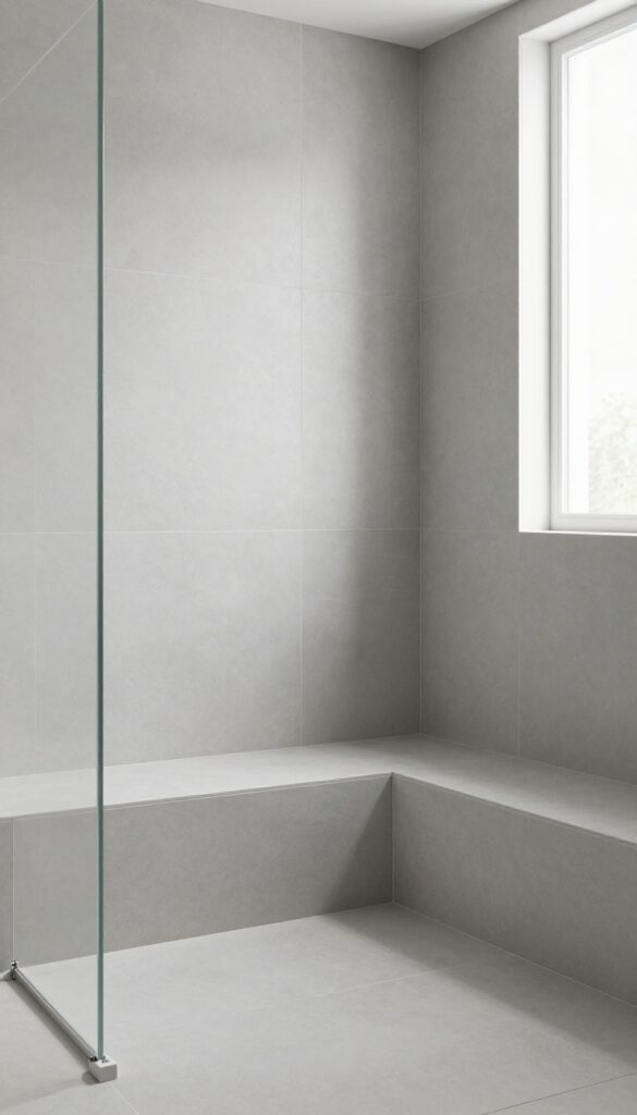 Modern shower with large-format light gray tiles and seamless bench seat for a spacious feel