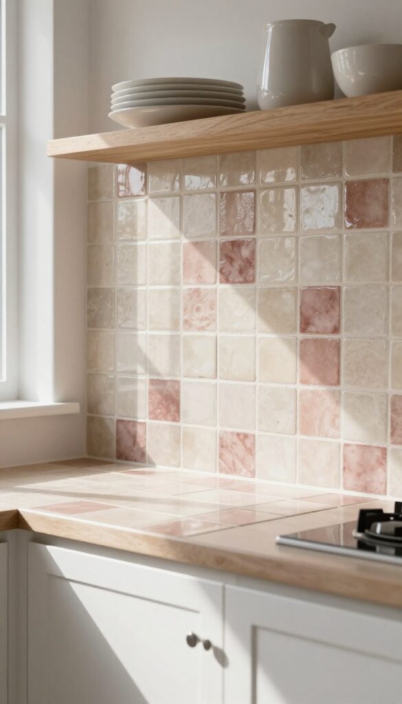 Kitchen with earthy zellige tile backsplash in warm ivory and dusty rose, sunlight reflecting on glossy tiles, white cabinets and open wood shelves.