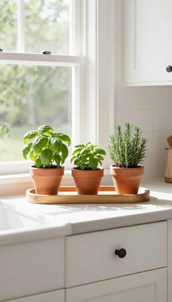 Three herb pots on a sunny farmhouse kitchen windowsill