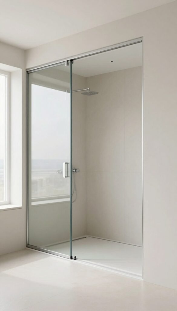 Modern quadrant shower room with sliding glass doors to save space, featuring bright natural light, clean design, and minimalist decor for bathroom inspiration.