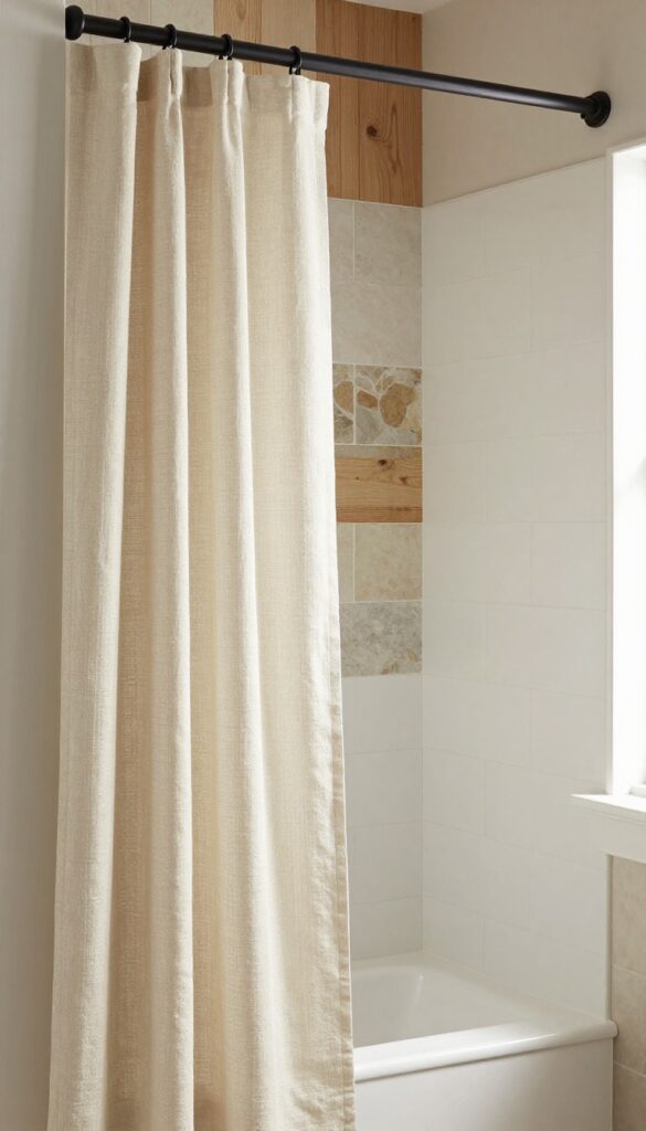 A farmhouse bathroom featuring a textured linen shower curtain in neutral cream, enhancing light flow and adding rustic charm with wood and stone accents.