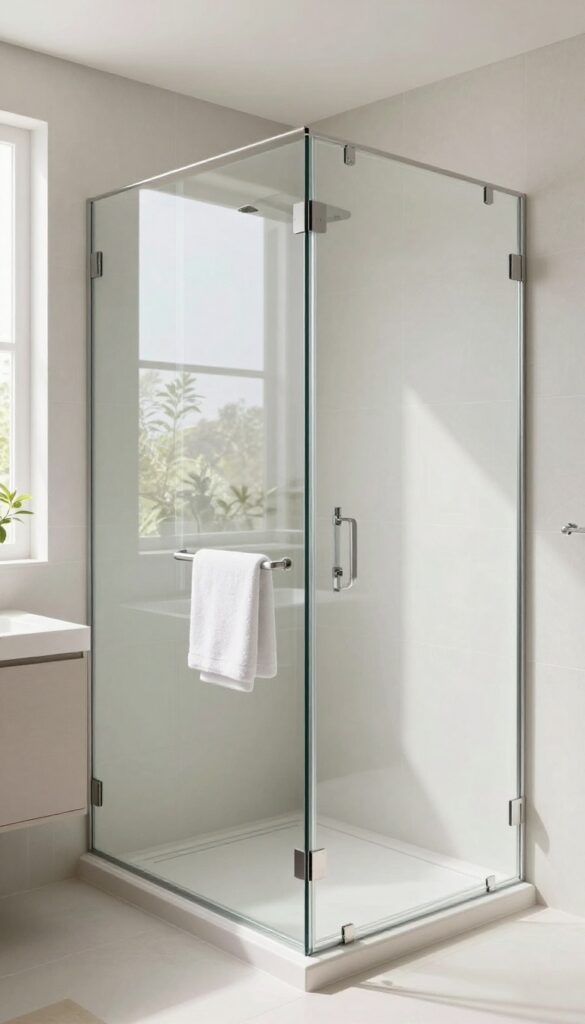 A modern master bathroom with a frameless glass shower enclosure, emphasizing clean lines and an open layout to enhance visual space and showcase tile details.