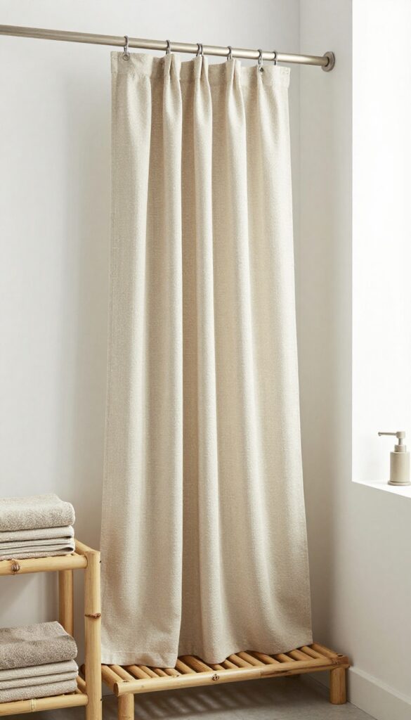 A woven cotton shower curtain in a bathroom with natural light, wooden accents, and earthy-toned towels, showcasing texture and cozy style without clutter.