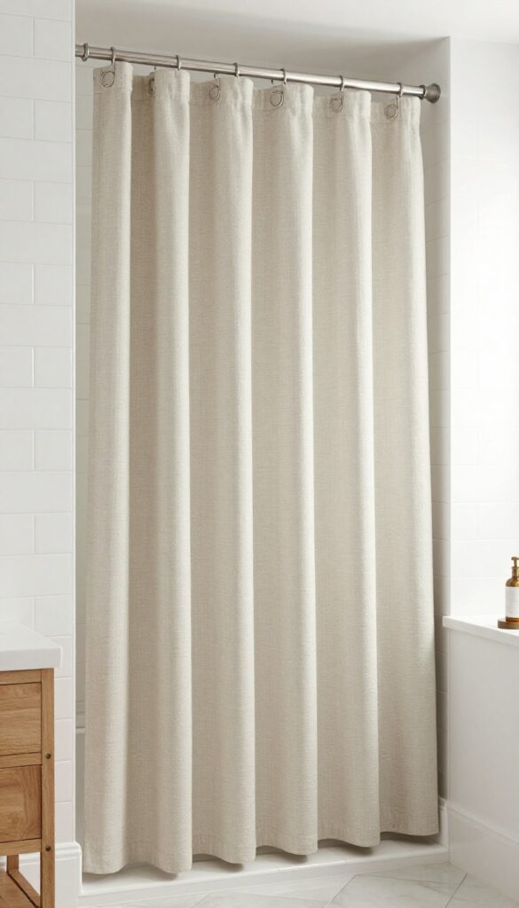 A shower curtain in a neutral textured fabric hanging elegantly in a bright modern bathroom with white tiles and warm wood tones.