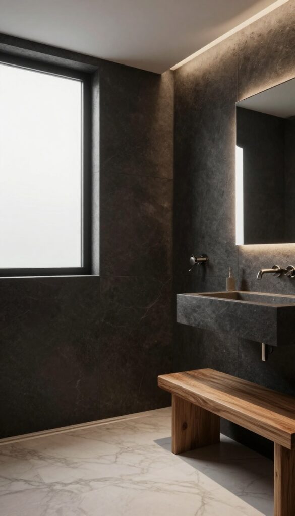A dark stone shower in a spa-inspired bathroom with warm lighting and minimal design elements.