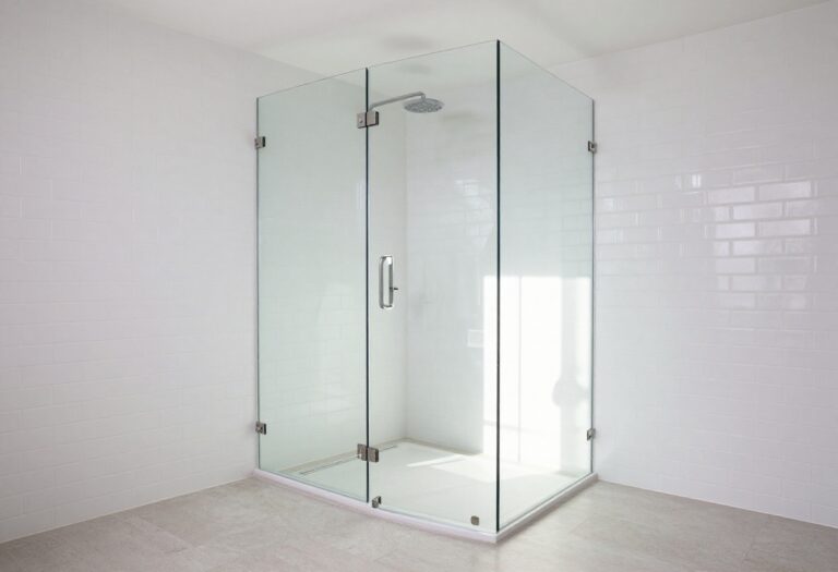 A modern bathroom with a frameless glass standing shower in bright natural light, showcasing clean lines and an open layout for an upgraded home decor feel.