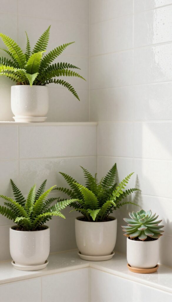 A small stand-up shower with bright natural light, showcasing water-resistant ceramic pots containing green plants like ferns and succulents on a corner shelf, enhancing the spa-like atmosphere.