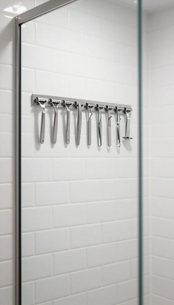 Slim magnetic strip on shower wall holding metal accessories like razor and tweezers