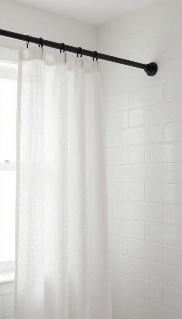 A modern bathroom featuring a black matte shower curtain rod against white tiles for bold contrast in home decor.