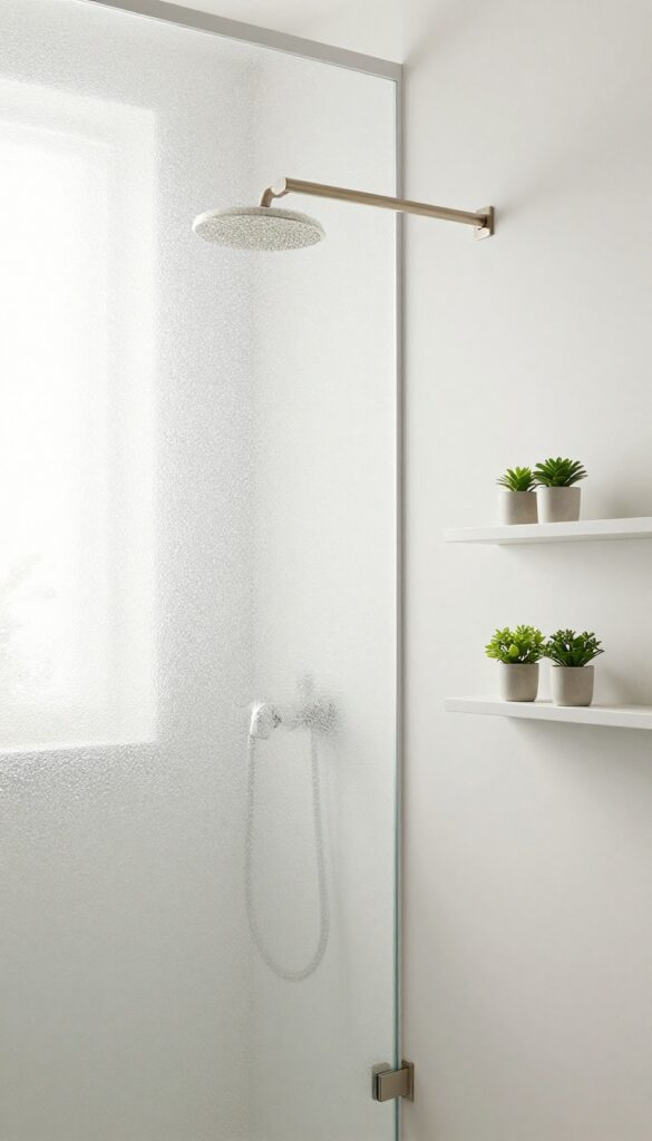 A modern bathroom shower with a frosted glass half wall for privacy and light diffusion in bright natural lighting.