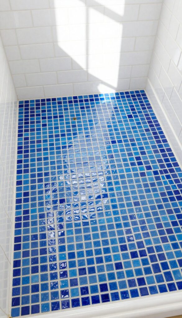 Close-up of a mosaic tile shower floor in a bright bathroom, showcasing texture and contrast for home decor inspiration.