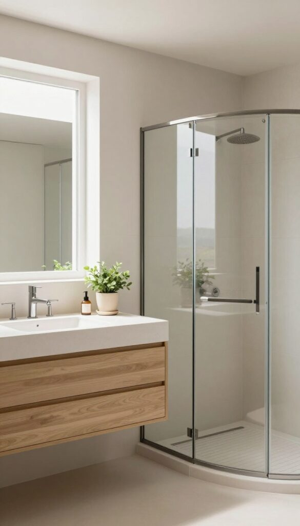 A modern bathroom with a curbless shower and floating vanity in natural light, showcasing minimalist design and seamless integration for a polished look.