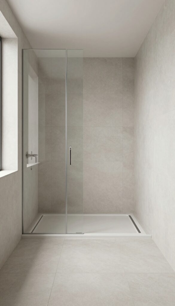 Modern bathroom with curbless walk-in shower featuring seamless flooring and frameless glass panel in bright natural light.