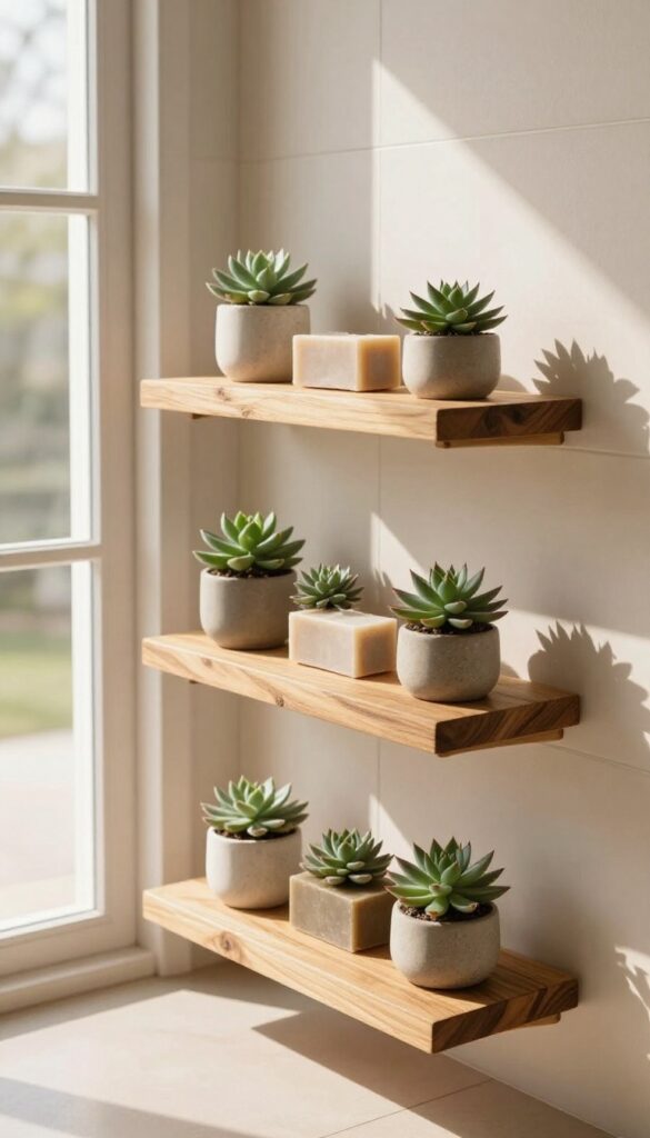 A small stand-up shower with floating wooden shelves for storage in a bright and stylish bathroom setting.