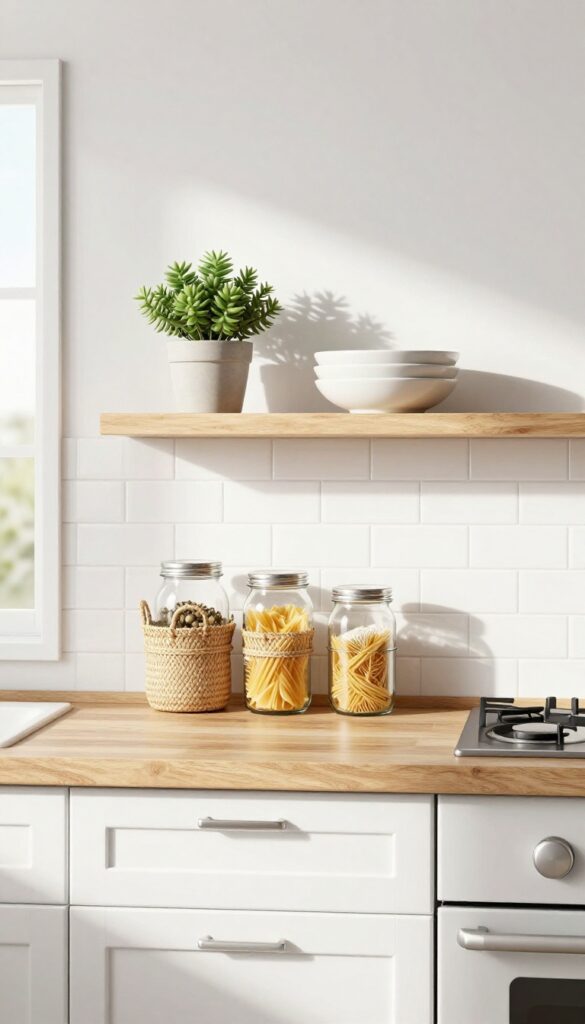 Open shelving in a kitchen with seagrass baskets and glass jars for organized storage.