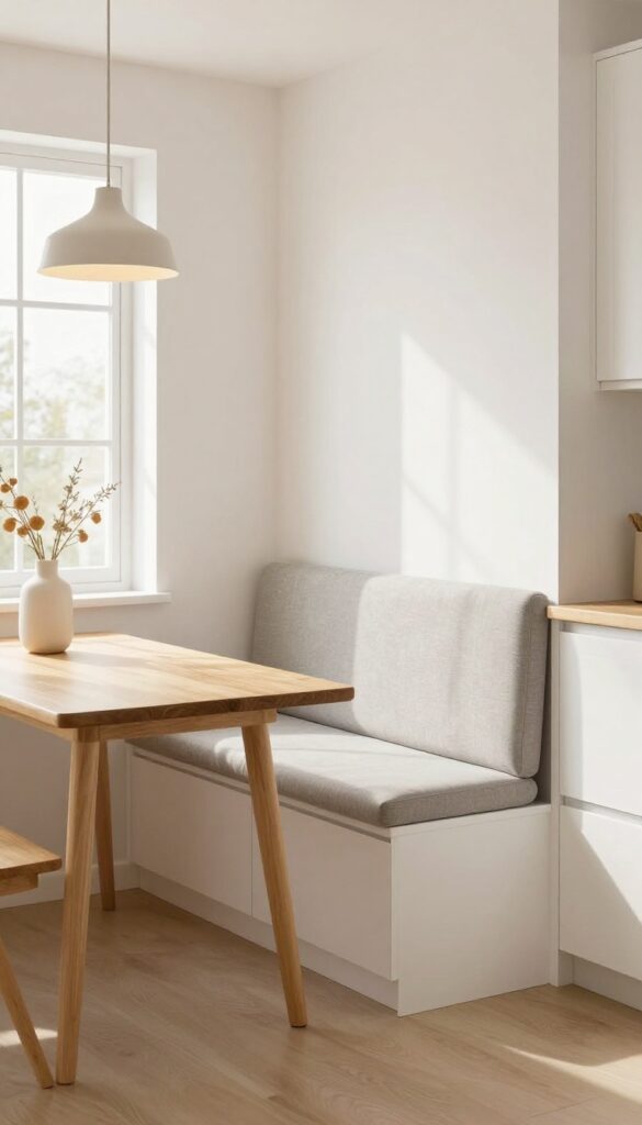 Small kitchen with compact dining nook featuring built-in bench, small table, and pendant light
