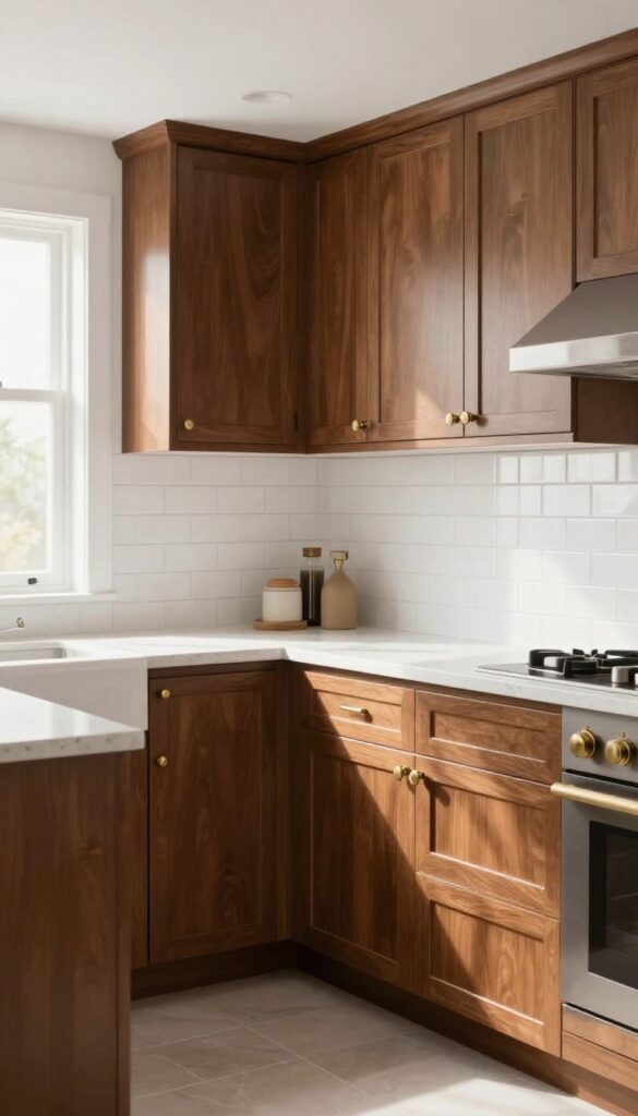 White herringbone subway tile backsplash with brown cabinets in a bright kitchen