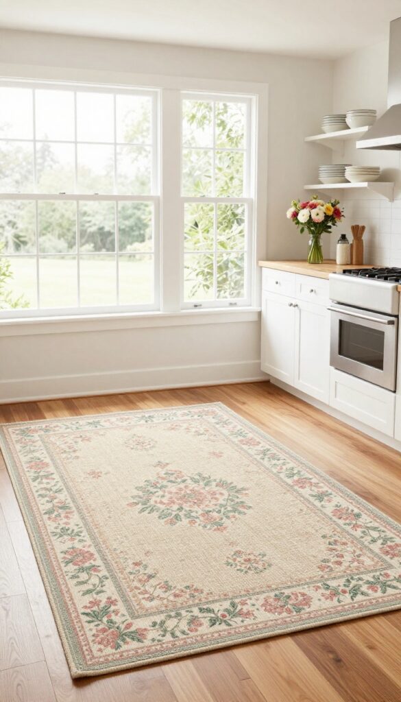 Layered rugs in a cottage kitchen: jute base rug with floral runner