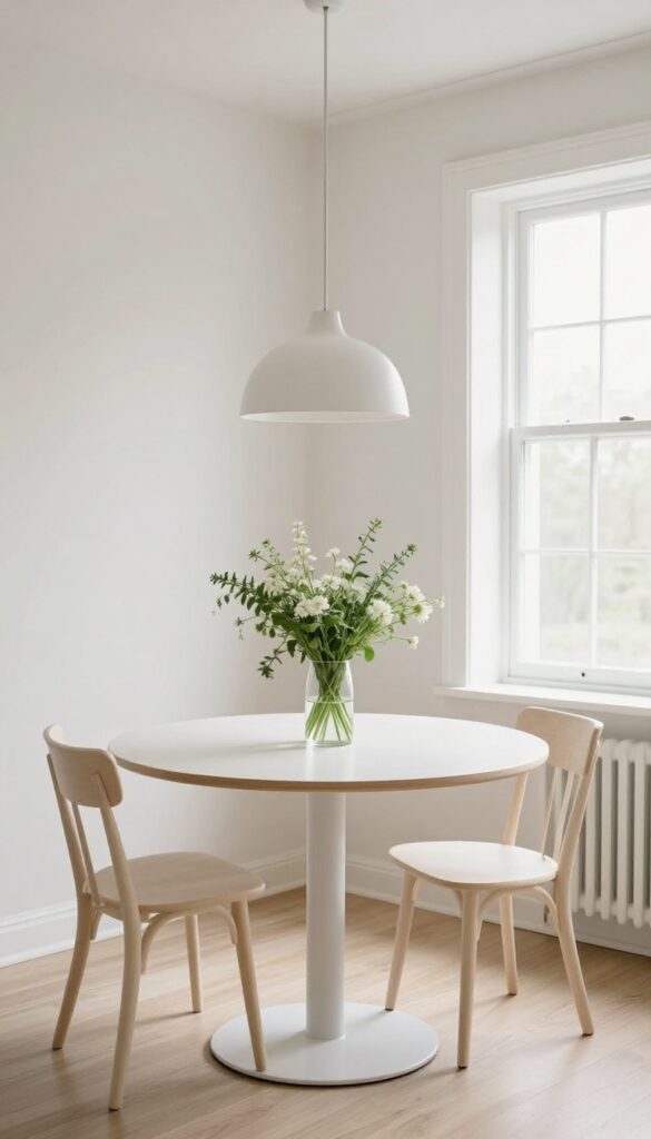 Round pedestal table in a corner of a small kitchen with chairs tucked underneath, pendant light above, and natural light from window.
