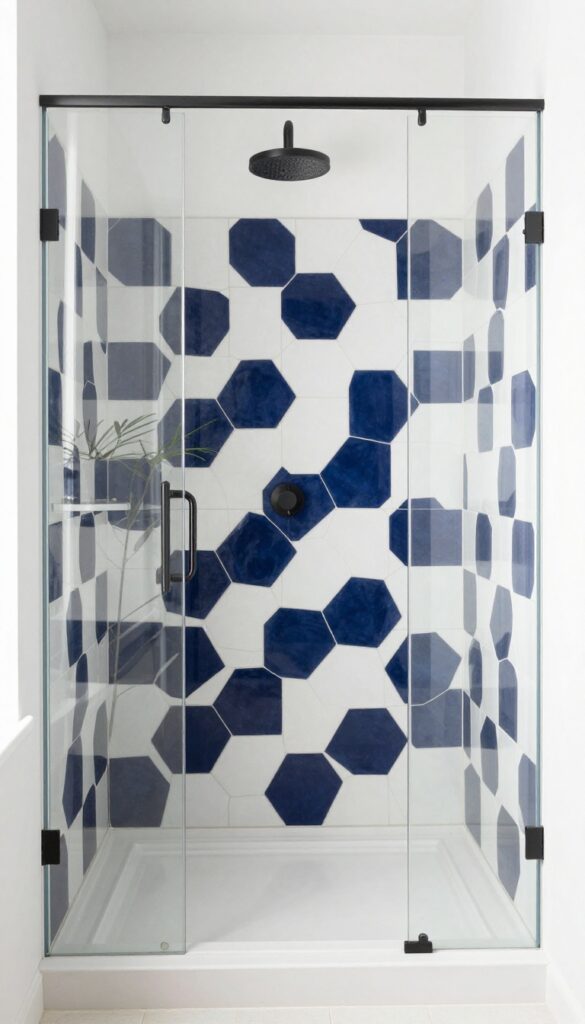 Modern shower backsplash featuring bold geometric tiles in vibrant colors like navy hexagons with white grout, under natural light, with matte black hardware and a plant for texture.