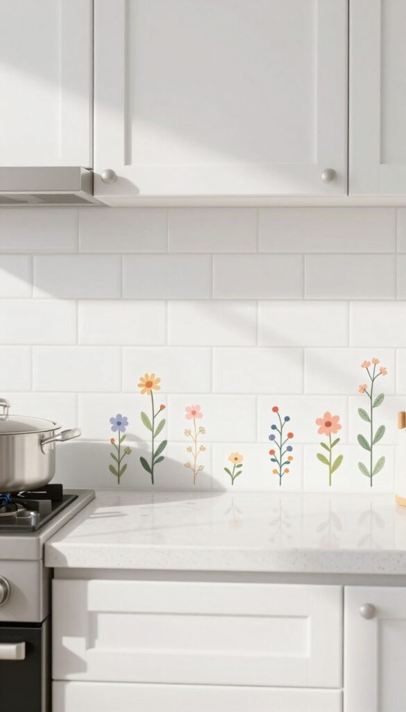 Whimsical kitchen backsplash with flower and vine peel-and-stick decals on white tile, bright natural light, clean and airy.
