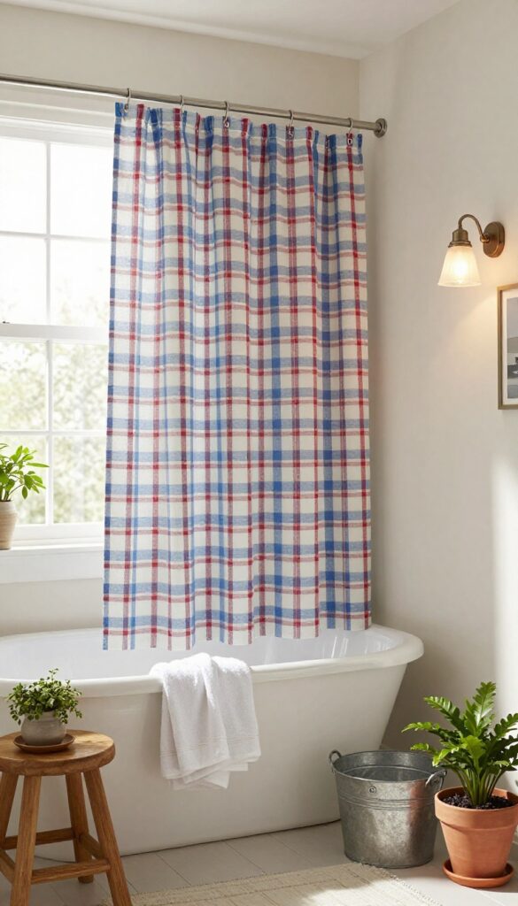 A farmhouse bathroom featuring a vintage gingham shower curtain in soft blue or red checks, paired with white towels, wooden stool, and rustic accessories under bright natural light.