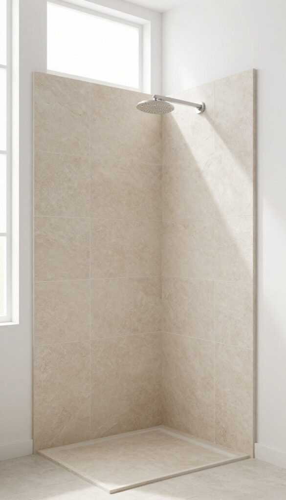 A photorealistic bathroom shower with floor-to-ceiling beige stone walls, showcasing natural light and minimal fixtures for a spa-inspired look.