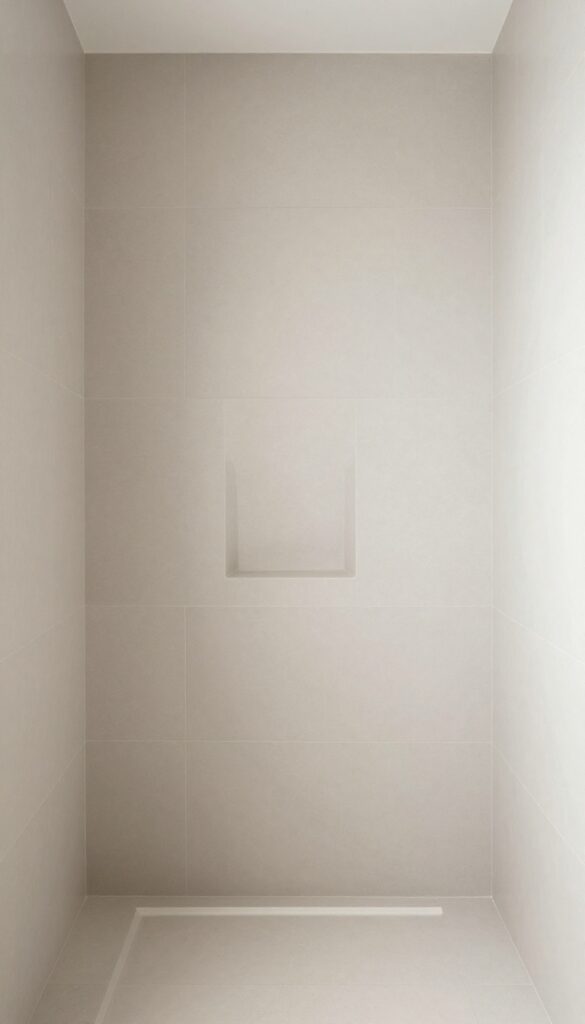 A shower interior demonstrating cohesive tile design to prevent dated appearances, with neutral tiles and seamless transitions in natural light.
