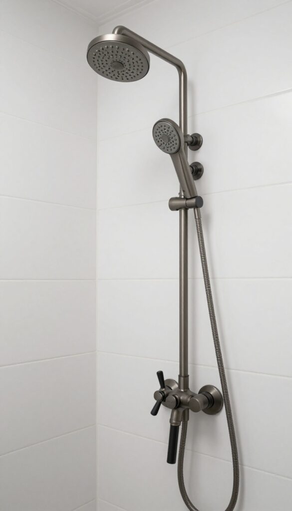 Close-up of mixed metal finishes in a farmhouse bathroom shower, featuring brushed nickel and black fixtures for a polished, layered look.