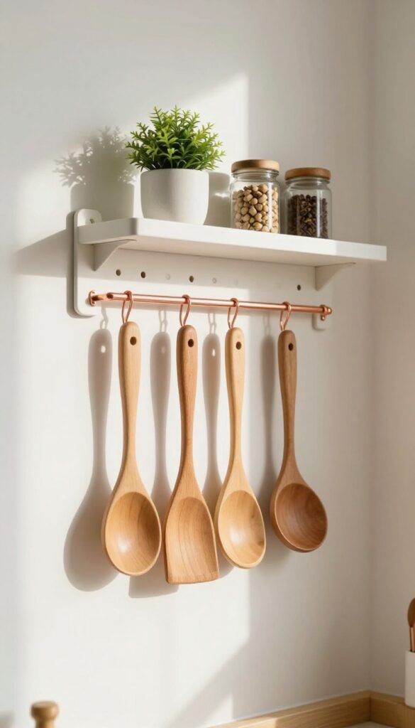 Kitchen corner with pegboard holding utensils and spices
