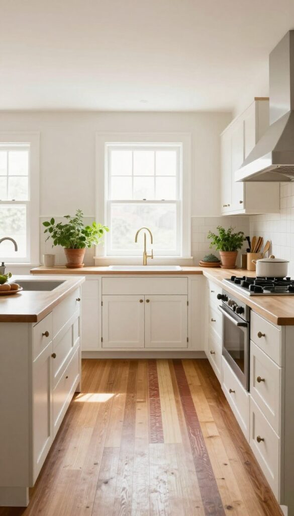 Country kitchen with hardwood floor and a long vintage-style striped runner in muted brick red and cream.