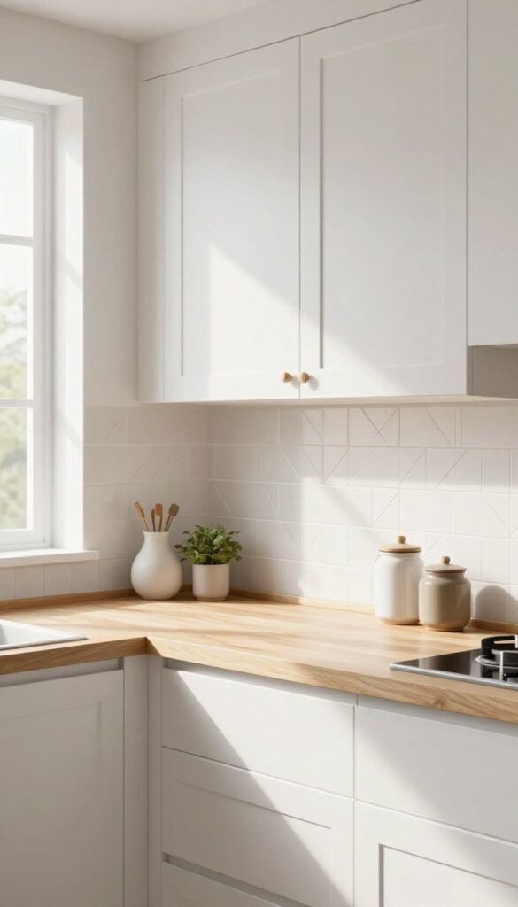 Indian kitchen with herringbone subway tile backsplash in soft white and gray, simple white cabinets, light wood countertop, natural light.