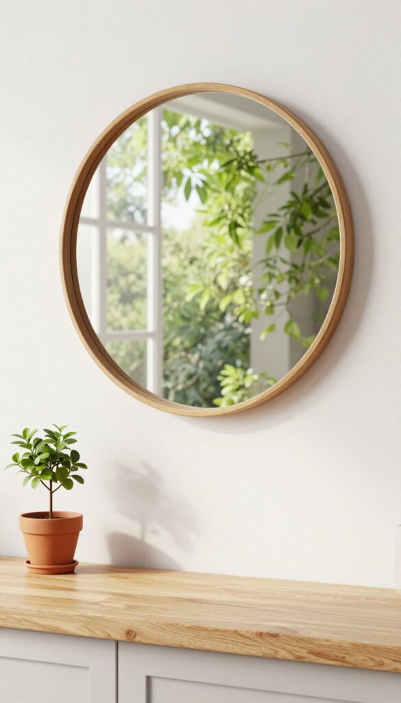 A large round wooden-framed mirror on an empty kitchen wall reflecting natural light and greenery