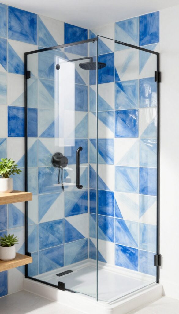 A painted shower backsplash with geometric design in blue and white, featuring matte black fixtures and plants in a bright bathroom.