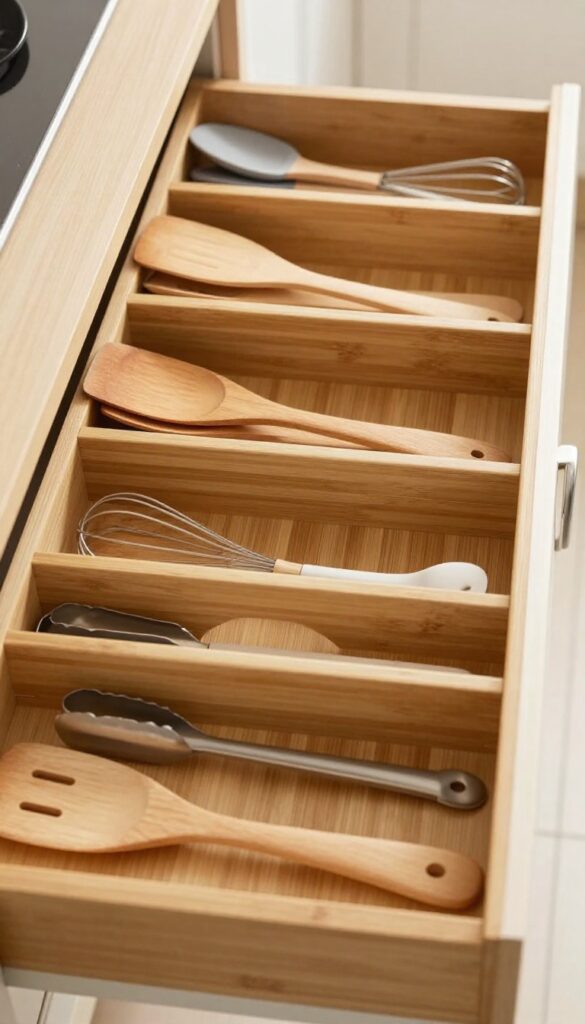 Organized kitchen drawer with adjustable bamboo dividers and neatly arranged utensils