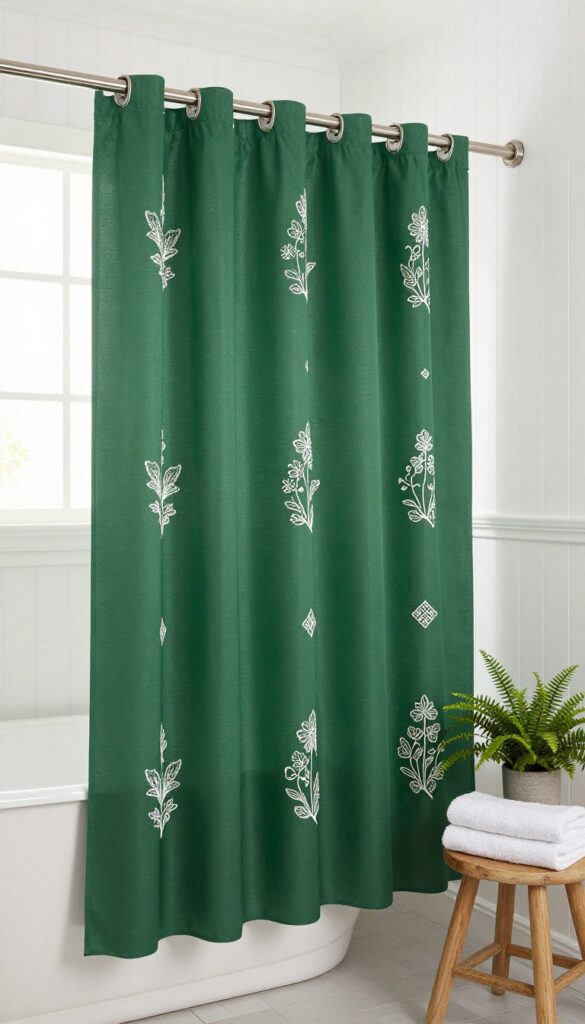 Dark green shower curtain with white embroidery in a bright farmhouse bathroom.