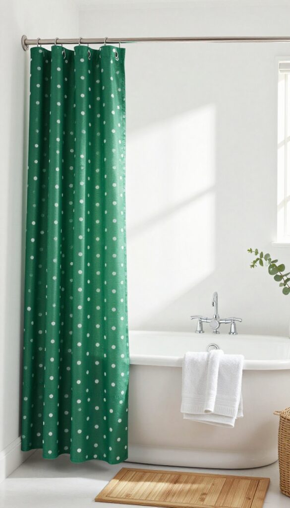 Dark green shower curtain with white polka dots in a bright bathroom setting