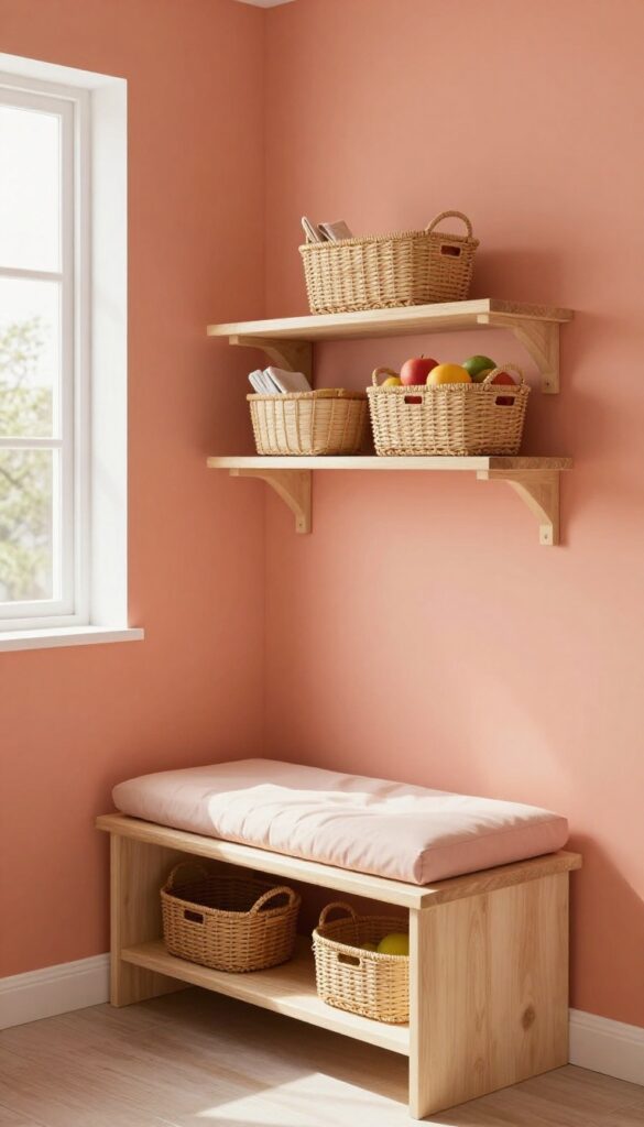 Cozy kitchen breakfast nook with coral accent wall and wall-mounted woven baskets.