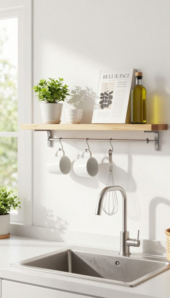 Floating shelves with hooks underneath above kitchen sink