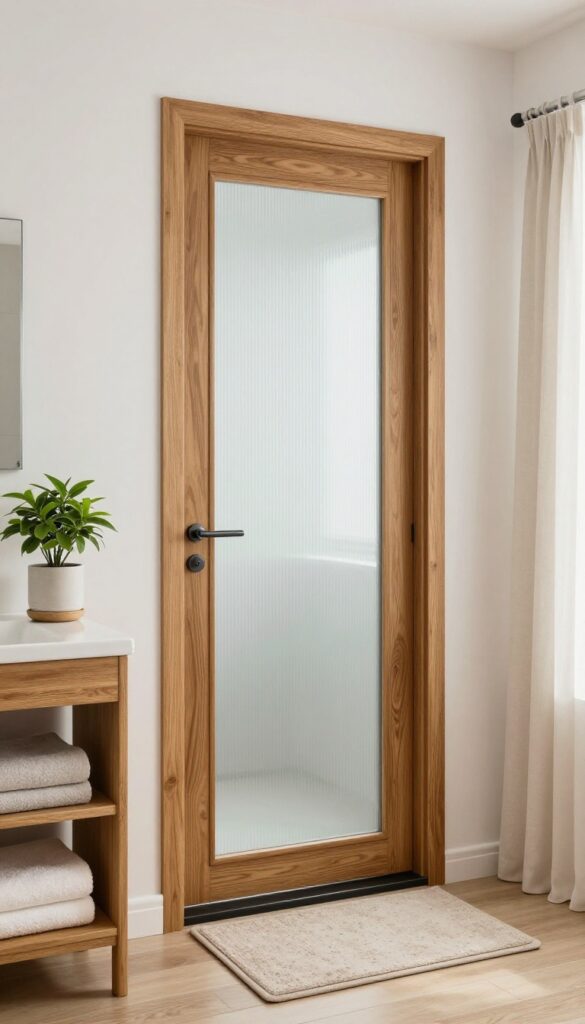 A modern bathroom featuring a frosted glass shower door with warm oak wood frame and shelving, showcasing natural tones and cozy textures for a rustic-modern look.