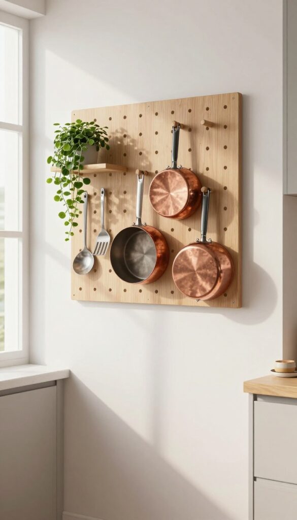 Pegboard wall in a small kitchen displaying hanging pots, pans, and utensils with a herb plant on top shelf