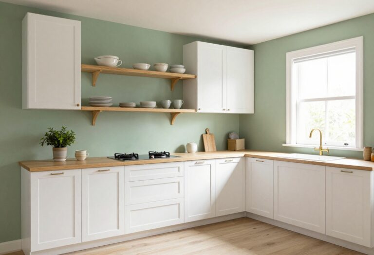 Bright kitchen with sage green walls, white cabinets, and wooden shelves