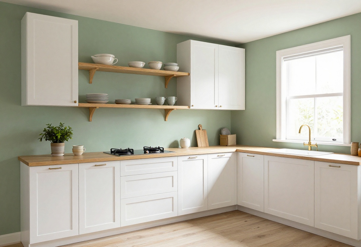 Bright kitchen with sage green walls, white cabinets, and wooden shelves