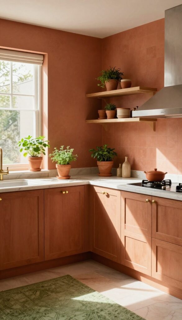Sunlit kitchen with terracotta walls and backsplash, cream marble countertops, brass hardware, wooden shelves, and herb pots.