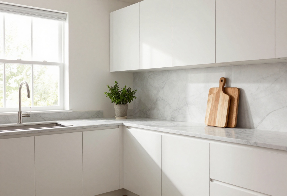Bright modern kitchen with natural light, white cabinets, marble countertops, and minimal decor