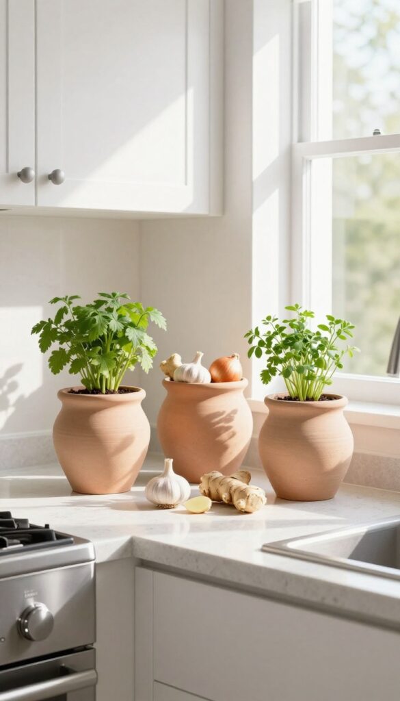 Clay pots on a kitchen counter with onions, garlic, ginger, and herbs in natural light