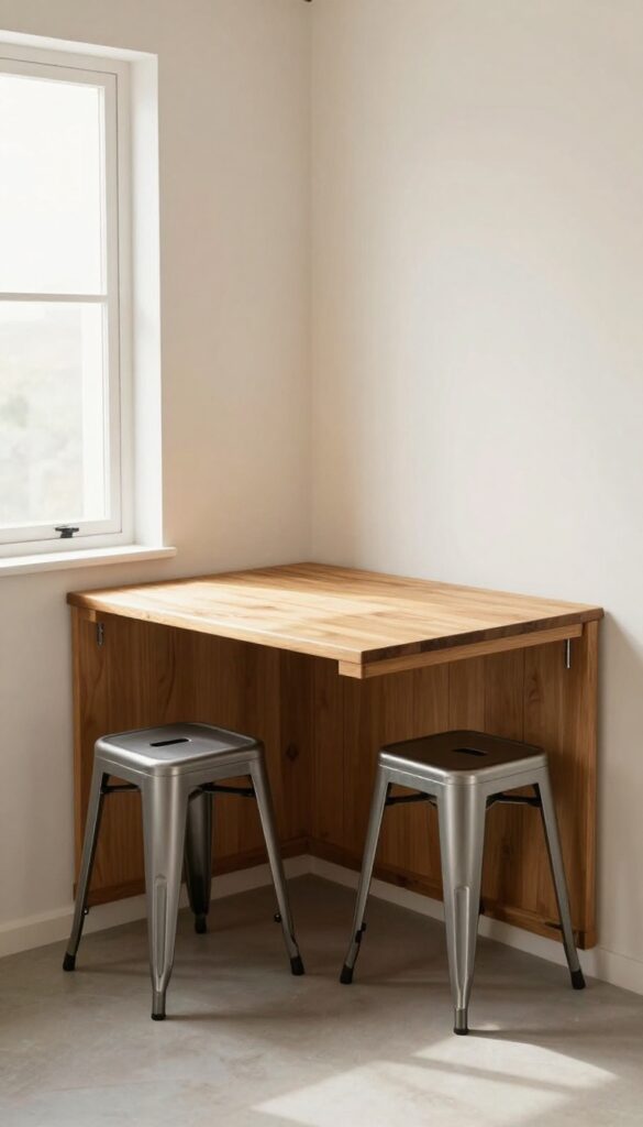 Fold-down table with wall-mounted seats in a small kitchen corner