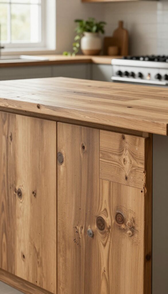 Reclaimed wood plank backsplash in a kitchen with warm natural light