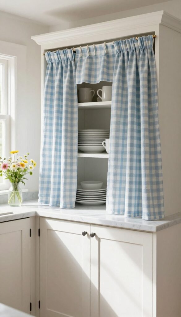 Kitchen with soft gingham curtains instead of upper cabinet doors, fresh flowers on marble countertop, bright natural light
